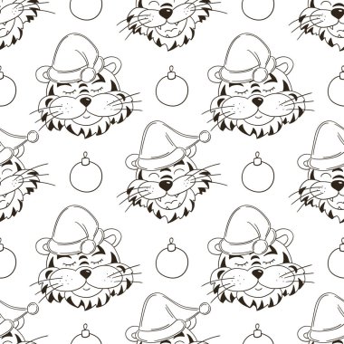 Noel şapkalı kaplanlı kusursuz vektör deseni. Şablon. 2022 yılbaşı tatili. Kaplan Yılı. Kumaş, renk vb. için kullanılabilir