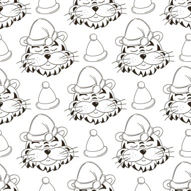 Noel şapkalı kaplanlı kusursuz vektör deseni. 2022 yılbaşı tatili. Kaplan Yılı. Renklendirme, ambalaj kağıdı ve benzeri şeyler için kullanılabilir