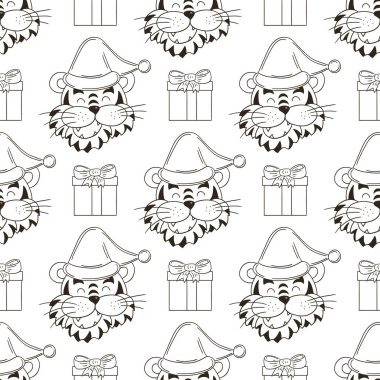 Yeni yıl şapkalarında kaplan kafası olan kusursuz vektör deseni, hediyeler. Renkli desen el çizimi tarzında. 2022 yılı kaplanı. Kumaş ve benzeri şeyler için kullanılabilir.