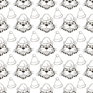 Noel şapkalı kaplanlı kusursuz vektör deseni. Kalıplar el çekme tarzında. 2022 yılbaşı tatili. Kaplan Yılı. Renklendirme için kullanılabilir