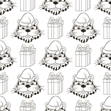 Yeni yıl şapkalarında kaplan kafası olan kusursuz vektör deseni, hediyeler. 2022 yılı kaplanı. Kumaş, renk, ambalaj kağıdı, tekstil vs. için kullanılabilir