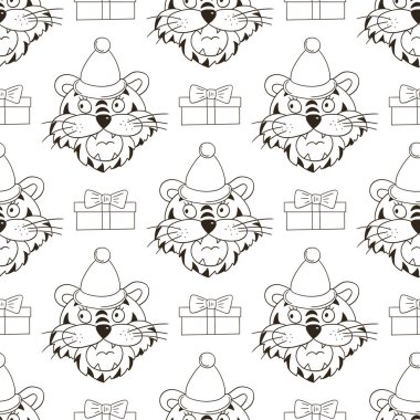 Yeni yıl şapkalarında kaplan kafası olan kusursuz vektör deseni, hediyeler. Kalıplar el çekme tarzında. 2022 yılı kaplanı. Kumaş, renk vb. için kullanılabilir