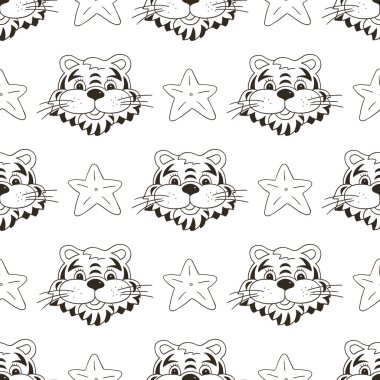 Kaplan başlı, yıldızlı kusursuz vektör deseni. Şablon. 2022 yılı kaplanı. Kumaş, renk, ambalaj kağıdı, tekstil vs. için kullanılabilir