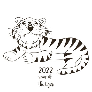 2022 'nin sembolü. Elinde kaplan resmi olan bir resim. Yeni yıl 2022 Tiger yalan söylüyor. Boyama kartları, takvimler, posterler
