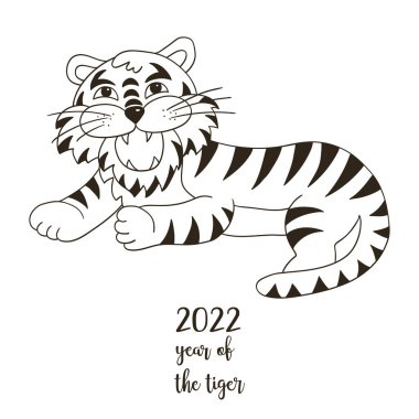 2022 'nin sembolü. Elinde kaplan resmi olan bir resim. Yeni yıl 2022 Tiger yalan söylüyor. Boyama kartları, takvimler, posterler, el ilanları.