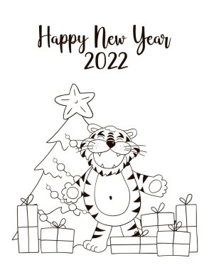 2022 'nin sembolü. Noel ağacı, hediyeler, kaplan. Yeni yıl 2022. Yeni yıl kartı el çizimi tarzında. Kartpostallar için tek renkli illüstrasyon