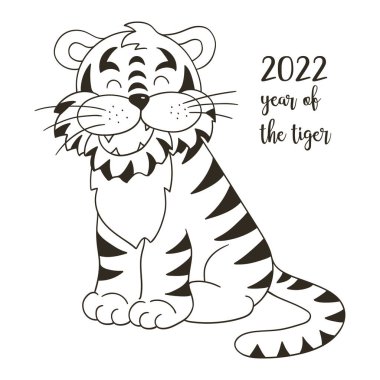 2022 'nin sembolü. Elinde kaplan resmi olan bir resim. Yeni yıl 2022. Kaplan oturuyor. Takvimler için renkli hayvan