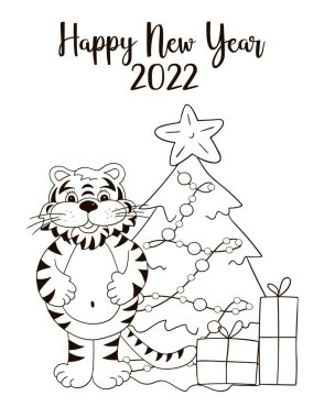 2022 'nin sembolü. Yeni yıl kartı el çizimi tarzında. Noel ağacı, hediyeler, kaplan. Yeni yıl 2022. Kartpostallar için tek renkli illüstrasyon