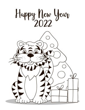 2022 'nin sembolü. Yeni yıl kartı el çizimi tarzında. Noel ağacı, hediyeler, kaplan. Yeni yıl 2022. Boyama kartpostalları, takvimler, posterler, el ilanları