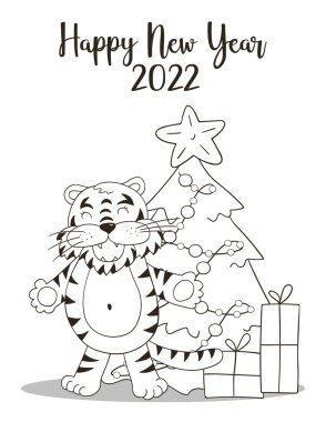 2022 'nin sembolü. Yeni yıl kartı el çizimi tarzında. Noel ağacı, hediyeler, kaplan. Yeni yıl 2022. Renklendirme