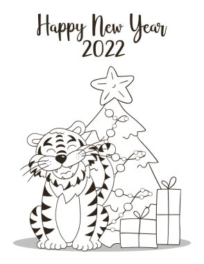 2022 'nin sembolü. Yeni yıl kartı el çizimi tarzında. Noel ağacı, hediyeler, kaplan. Yeni yıl 2022. Renkler