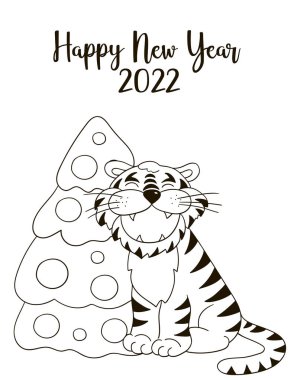2022 'nin sembolü. Yeni yıl kartı el çizimi tarzında. Noel ağacı, hediyeler, kaplan. Yeni yıl 2022. Kartpostallar, takvimler, posterler için tek renkli illüstrasyon