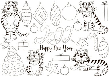 2022 'nin sembolü. Kaplanlar ve yeni yıl unsurları el çizimi tarzında. Renklendirme çizimleri