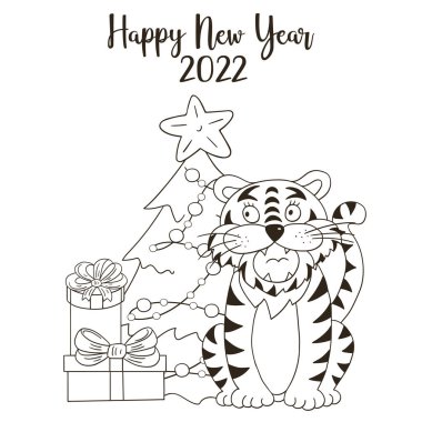 2022 'nin sembolü. Yeni yıl kartı el çizimi tarzında. Noel ağacı, hediyeler, kaplan. 2022 yılı kaplanı. Kartlar ve takvimler için renklendirme çizelgesi