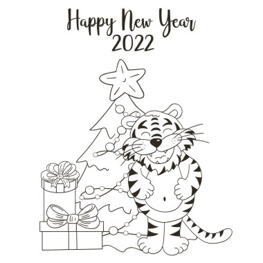 2022 'nin sembolü. Yeni yıl kartı el çizimi tarzında. Noel ağacı, hediyeler, kaplan. 2022 yılı kaplanı. Renklendirme