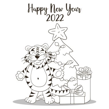 2022 'nin sembolü. Yeni yıl kartı el çizimi tarzında. Noel ağacı, kaplan. 2022 yılı kaplanı. Kartlar, takvimler, el ilanları için renklendirme