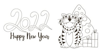 2022 'nin sembolü. Elinde kaplan olan bir vektör kartı. Yeni yıl. Mektup 2022. Renklendirme