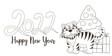 2022 'nin sembolü. Elinde kaplan olan bir vektör kartı. Yeni yıl. Mektup 2022. Kartlar, takvimler, posterler için renklendirme