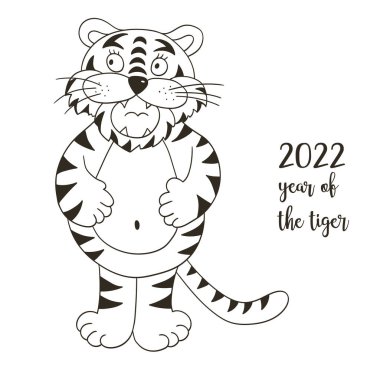 2022 'nin sembolü. Elinde kaplan olan vektör çizimi. Yeni yıl 2022. Neşeli kaplan, ayakta duruyor ve karnına tutunuyor. Renkli hayvan