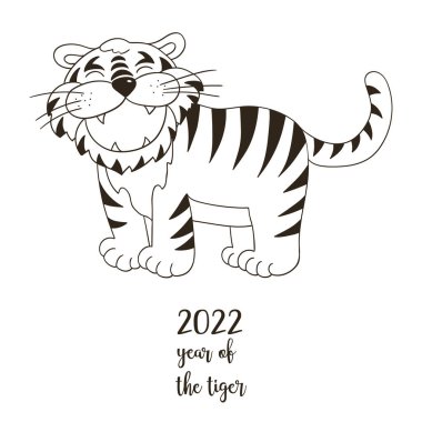2022 'nin sembolü. Elinde kaplan olan vektör çizimi. Yeni yıl 2022. Kaplan ayakta duruyor. Kart ve takvimler için renkli hayvan