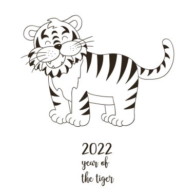 2022 'nin sembolü. Elinde kaplan olan vektör çizimi. Yeni yıl 2022. Kaplan ayakta duruyor. Kartlar, takvimler, posterler için boyama hayvanı