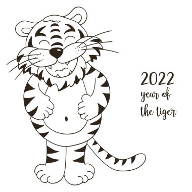 2022 'nin sembolü. Elinde kaplan olan vektör çizimi. Yeni yıl. Neşeli kaplan, ayakta duruyor ve karnına tutunuyor. Kartlar için renkli hayvan