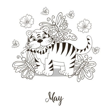 Takvim dekorasyonu için 2022 yılı sembolü. Mayıs 2022. Çin ya da Doğu takvimine göre Kaplanın Yeni Yılı. El çizimi biçiminde renklendirme