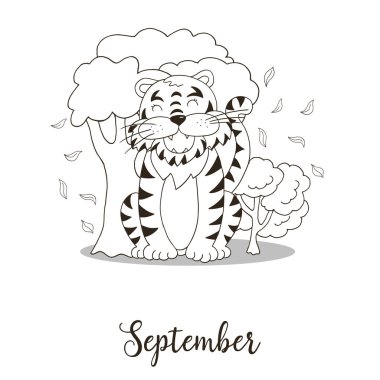 Takvim dekorasyonu için 2022 yılı sembolü. Eylül 2022. Çin takvimine göre Kaplanın Yeni Yılı. El çizimi biçiminde renklendirme