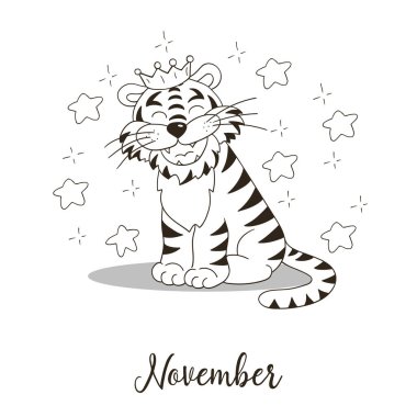 Takvim dekorasyonu için 2022 yılı sembolü. Kasım 2022. Çin takvimine göre Kaplanın Yeni Yılı. El çizimi biçiminde renklendirme