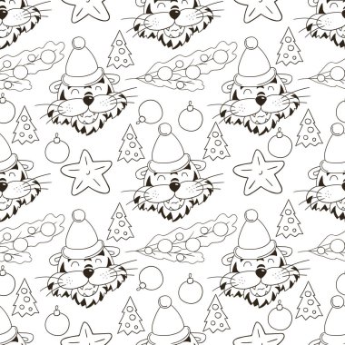 2022 yılı kaplanı. Noel şapkalı kaplan başları ve Noel ağaçlarıyla kusursuz vektör deseni. Kumaş, renk, ambalaj vs. için kullanılabilir