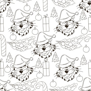2022 yılı kaplanı. Noel şapkalı kaplan başları ve Noel ağaçlarıyla kusursuz vektör deseni. Şablon. Kumaş, renk vb. için kullanılabilir