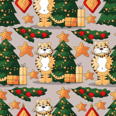2022 yılı kaplan yılı için parlak kusursuz desen. Kaplan, Noel ağacı, hediyeler, Noel ağacı süslemeleri. Kumaş, ambalaj, kağıt vs. için kullanılabilir