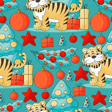 2022 yılı için parlak kusursuz vektör modeli. Kaplan, Noel ağacı, hediyeler, Noel ağacı süslemeleri. Kumaş, ambalaj vs. için kullanılabilir