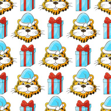 Yeni yıl şapkalarında kaplanlar olan parlak, kusursuz desenler, hediyeler. 2022 yılı kaplanı. Kumaş, ambalaj, ambalaj kağıdı, tekstil ve benzeri şeylerde kullanılabilir.