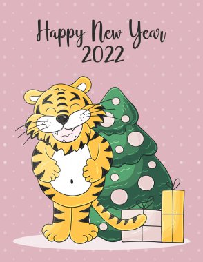 Yeni yıl 2022. 2022 'nin sembolü. Yeni yıl kartı el çizimi tarzında. Noel ağacı, hediyeler, kaplan. Kartpostallar ve takvimler için Pastel illüstrasyon