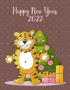 Yeni yıl 2022. 2022 'nin sembolü. Yeni yıl kartı el çizimi tarzında. Noel ağacı, hediyeler, kaplan. Kartpostallar, takvimler, posterler, el ilanları için pastel çizimi