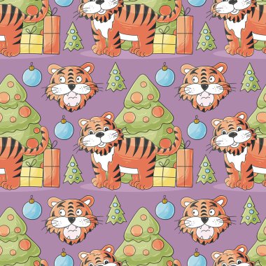 2022 kaplanı için kusursuz pastel desen. Kalıplar el çekme tarzında. Kaplan, Noel ağacı, hediyeler. Kumaş, ambalaj, ambalaj vs. için kullanılabilir