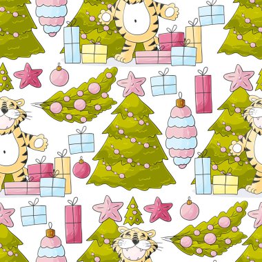 2022 kaplanı için kusursuz pastel desen. Kalıplar el çekme tarzında. Kaplan, Noel ağacı, hediyeler