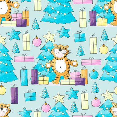 2022 kaplanı için kusursuz pastel desen. Şablon. Kaplan, Noel ağacı, hediyeler, Noel ağacı süslemeleri. Kumaş, ambalaj vesaire için kullanılabilir