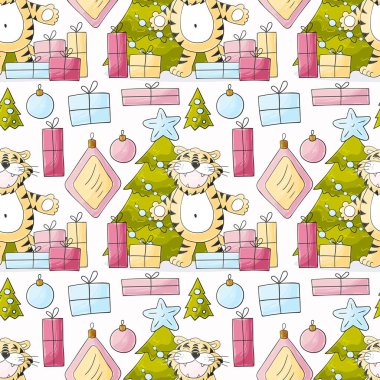 2022 kaplanı için kusursuz pastel desen. Şablon. Kaplan, Noel ağacı, hediyeler, Noel ağacı süslemeleri. Kumaş, ambalaj vs. için kullanılabilir