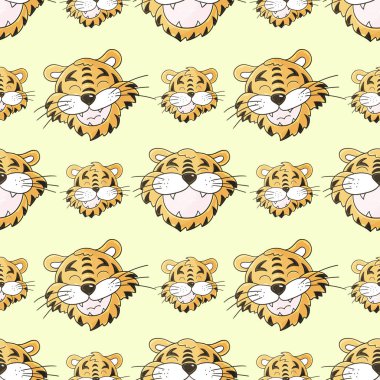 Kaplanların yüzleri olan kusursuz pastel desenli. Kalıplar el çekme tarzında. 2022 yılbaşı tatili. Kaplan Yılı. Kumaş ve benzeri şeyler için kullanılabilir.