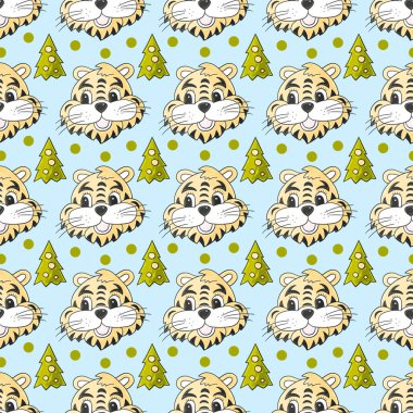 Kusursuz pastel desenli Noel şapkalı kaplan başları, Noel ağaçları. 2022 yılı kaplanı. Kumaş, ambalaj, ambalaj vs. için kullanılabilir