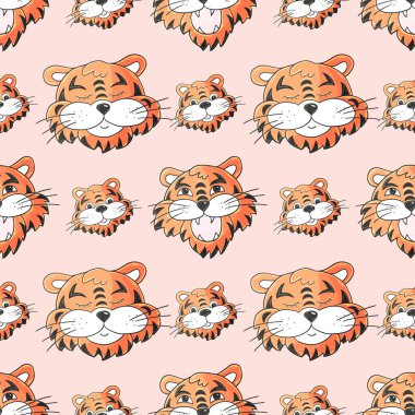 Kaplanların yüzleri olan kusursuz pastel desenli. Kalıplar el çekme tarzında. 2022 yılbaşı tatili. Kaplan Yılı. Paketleme ve benzeri işlemler için kullanılabilir