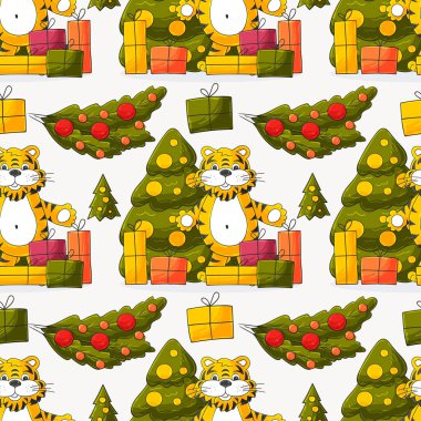 2022 kaplanı için kusursuz pastel desen. Şablon. Kaplan, Noel ağacı, hediyeler. Kumaş, ambalaj, ambalaj kağıdı, tekstil ve benzeri şeylerde kullanılabilir.