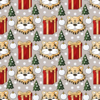 Kusursuz pastel desenli kaplan kafaları, Noel ağaçları, hediyeler. 2022 yılı kaplanı. Kumaş, ambalaj, ambalaj kağıdı, tekstil ve benzeri şeylerde kullanılabilir.