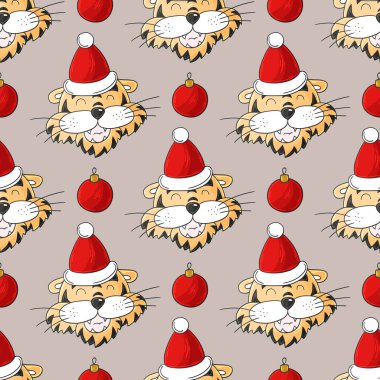 Kusursuz pastel desenli ve Noel şapkalı kaplanlar. Kalıplar el çekme tarzında. 2022 yılbaşı tatili. Kaplan Yılı