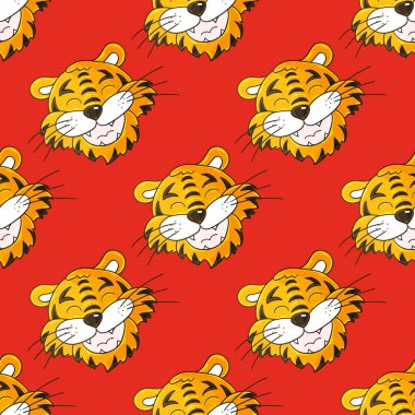 Kaplan yüzlü kusursuz vektör deseni. Parlak desen el çizimi tarzında. 2022 yılbaşı tatili. Kaplan Yılı. Kumaş, ambalaj vs. için kullanılabilir