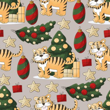 Kaplan 2022 yılı için kusursuz vektör deseni. Kalıplar el çekme tarzında. Kaplan, Noel ağacı, hediyeler, Pastel süslemeler.