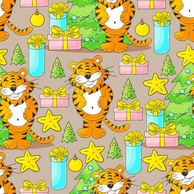 Kaplan 2022 yılı için kusursuz vektör deseni. Kalıplar el çekme tarzında. Kaplan, Noel ağacı, hediyeler, Pastel süslemeleri. Kumaş için kullanılabilir.
