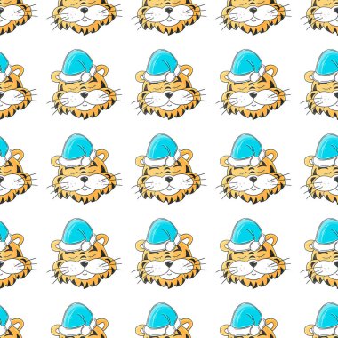 Noel şapkalı kaplanlı kusursuz vektör deseni. Parlak desen. 2022 yılbaşı tatili. Kaplan Yılı. Kumaş, tekstil vs. için kullanılabilir